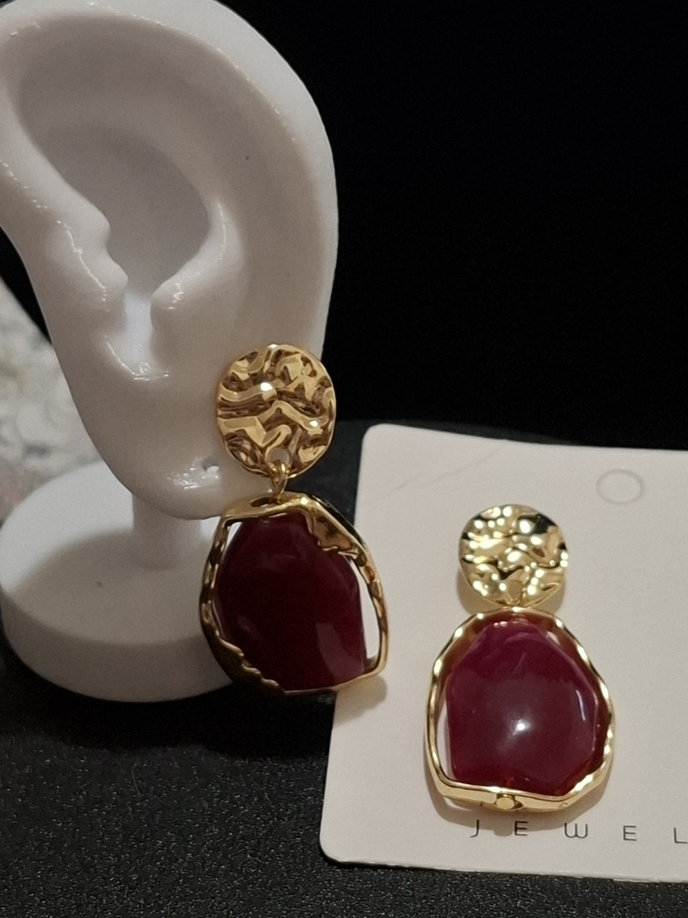 Gold Drop Earrings with Deep Burgundy Stone - Women's Jewelry